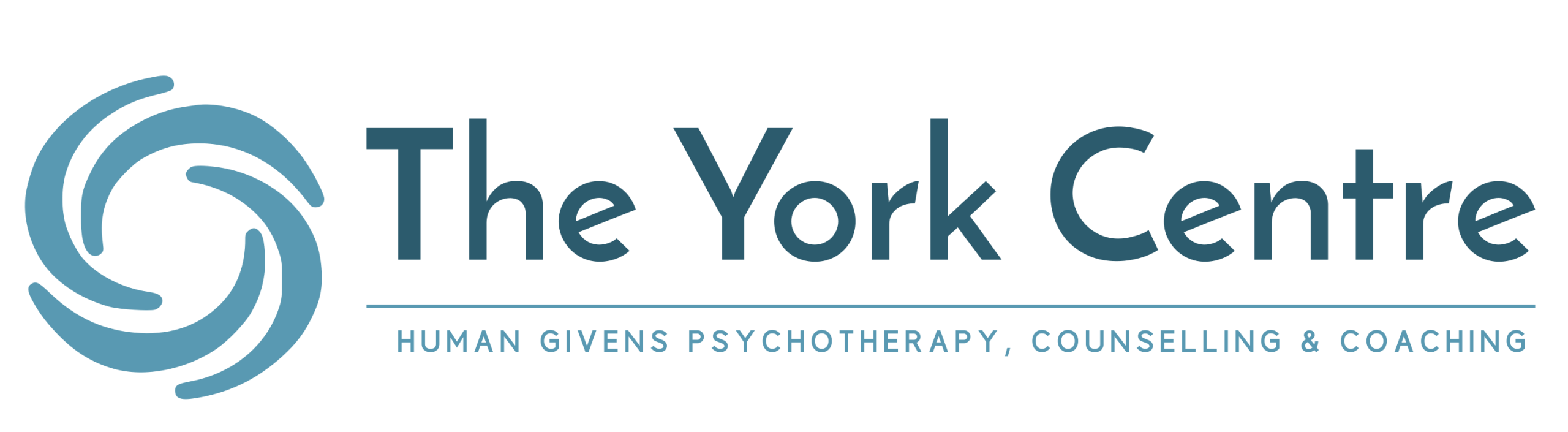 FINAL VERSION THE YORK CENTRE LOGO Logo for The York Centre for Human Givens Psychotherapy, Counselling & Coaching, accompanied by a circular swirling icon representing a continuous flow of connection, care, and mental health support.